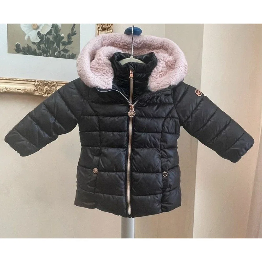 Michael Kors Girls Double Zip Puffer Jacket Black Pink Faux Fur Hood Sz 2T